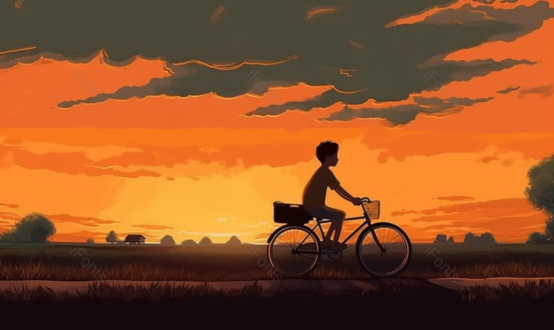 乡村夕阳下骑自行车的男孩手绘插画背景图,插画/手绘图,插画/手绘图库,插画/手绘图下载,插画/手绘
